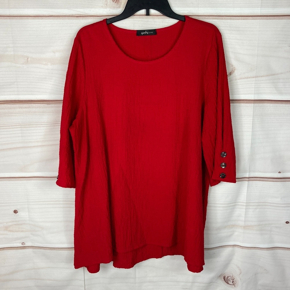 Yushi Top Womens M L Red Tunic Blouse 3/4 Sleeve Crinkle Pullover Button Trim